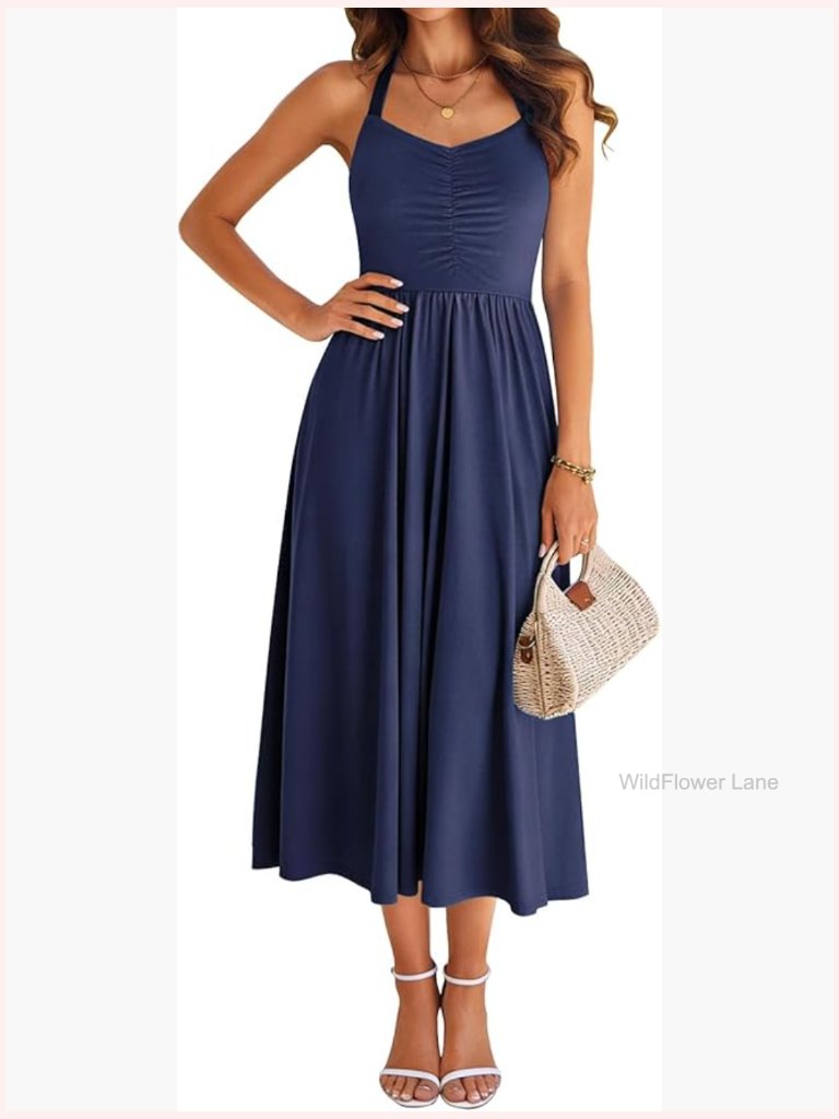 Halter Midi Dress With Pockets Ruched Backless A-Line Summer